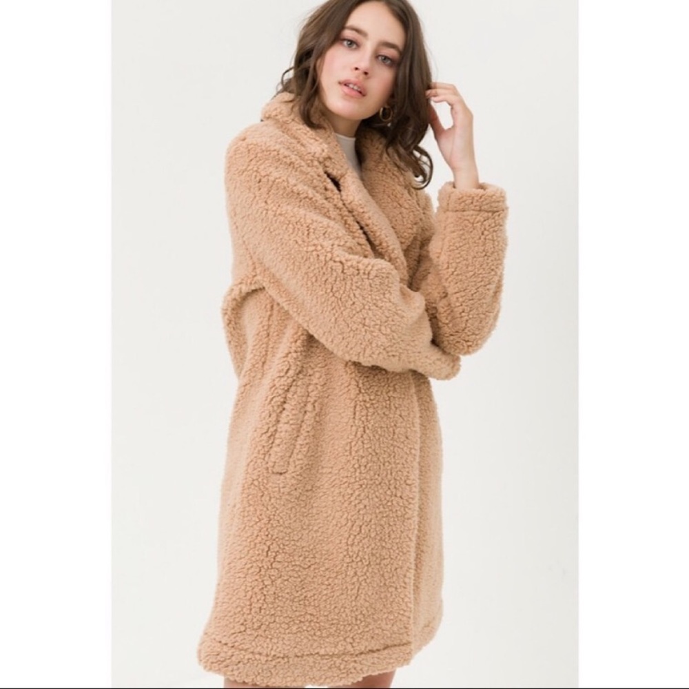 NWT Long Camel Teddy Bear Faux Fur Coat - Picture 2 of 5